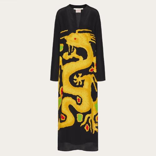  VALENTINO華倫天奴 22年秋冬 女士 連衣裙 ROBE MI-LONGUE EN CREPE DE CHINE a IMPRIMé DRAG