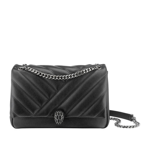 BVLGARI/寶格麗 SERPENTI CABOCHON系列 女士中號(hào)黑色粒面小牛皮絎縫蛇首搭扣鏈條斜挎單肩包291079