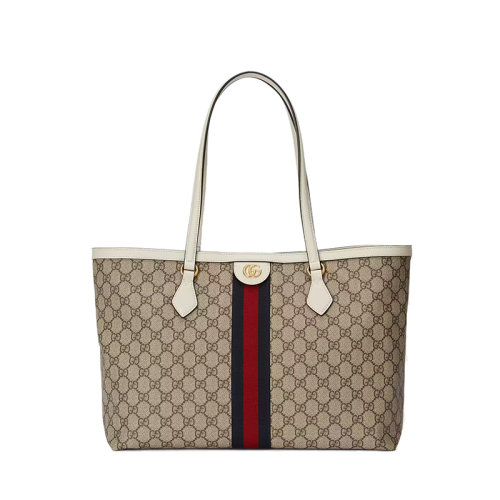 GUCCI/古馳 22春夏新款Ophidia系列 女士中號米色/烏木色帆布配白色皮革金扣肩跨手提托特包63168596IWB9794