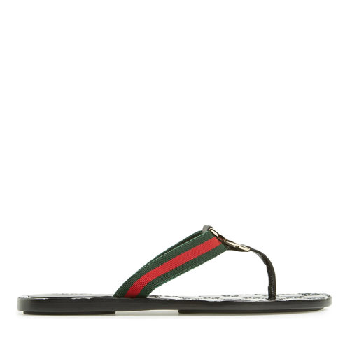 GUCCI/古馳 古琦女鞋 經典雙G鞋底 紅綠織帶 女士黑色織物人字涼拖 270374 H9020 8476