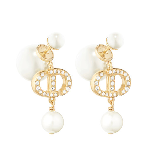 Dior/迪奧 22春夏新款TRIBALES系列 女士金色飾面金屬白色樹脂珠飾透明水晶CD耳環(huán) E1811TRICY_D301