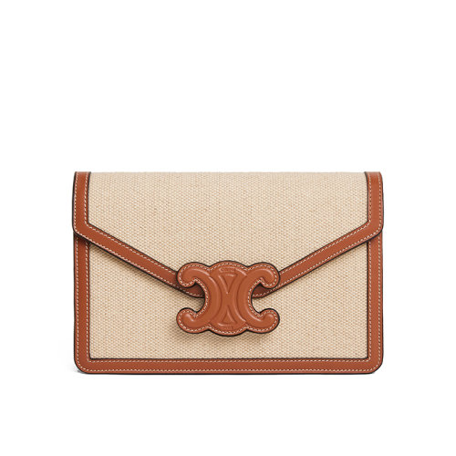 CELINE/賽琳 22新款TRIOMPHE系列 女士自然色/棕褐色牛皮革凱旋扣翻蓋開合單肩手拿信封包10J972DB2.02NT