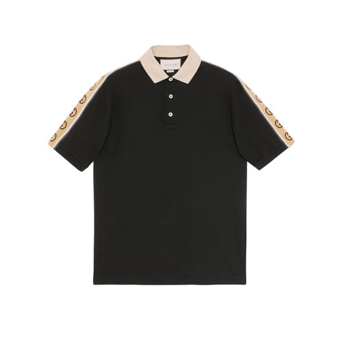 GUCCI/古馳 22年春夏新款 男士黑色棉質(zhì)混紡彈力面料飾互扣式雙G條紋短袖polo衫?598949XJB0Q1082