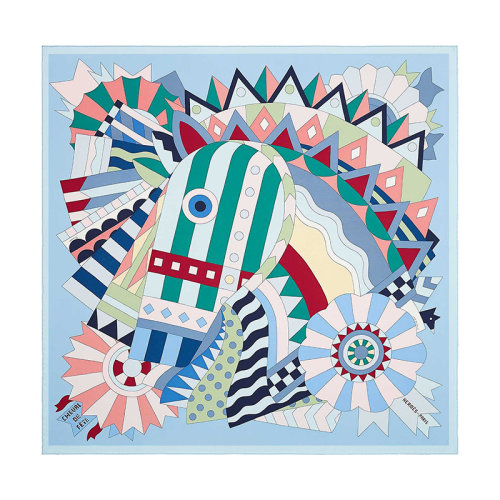 HERMES/愛(ài)馬仕 90號(hào)廣場(chǎng)派對(duì)馬 女士天藍(lán)色/綠色/粉紅色真絲斜紋圍巾H003748S05