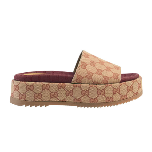 GUCCI/古馳 22秋冬新款 女士米色帆布磚紅色經典GG圖案中跟涼拖573018KQW008366