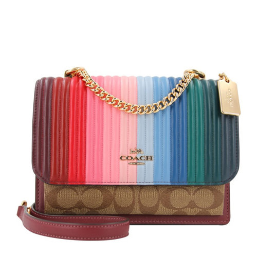 COACH/蔻馳Klare系列女士卡其色配糖果粉多色涂層帆布配皮經(jīng)典雙C字母徽標(biāo)印花彩虹條紋鏈條裝飾磁扣開合單肩包斜挎包女包 C1446IMS3T