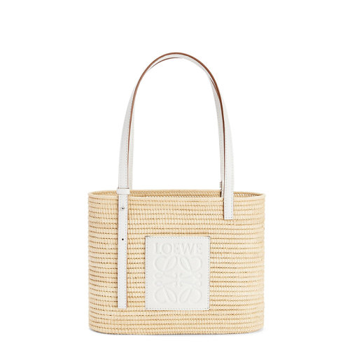 LOEWE/羅意威 Square Basket系列 小號自然色白色拉菲草編織配皮方形手提籃子包0010562270