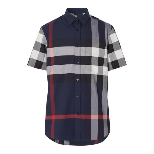 BURBERRY/博柏利 男士海軍藍(lán)短袖格紋彈力棉府綢襯衫80208551