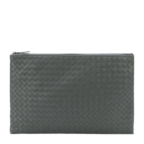 Bottega Veneta/葆蝶家 中性黑色羊皮編織大號(hào)拉鏈?zhǔn)帜冒? class=