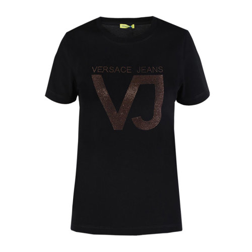 VERSACE JEANS/范思哲牛仔 女士黑色棉質經典字母徽標印花裝飾圓領短袖上衣T恤 B2HRB7G1-36272-899