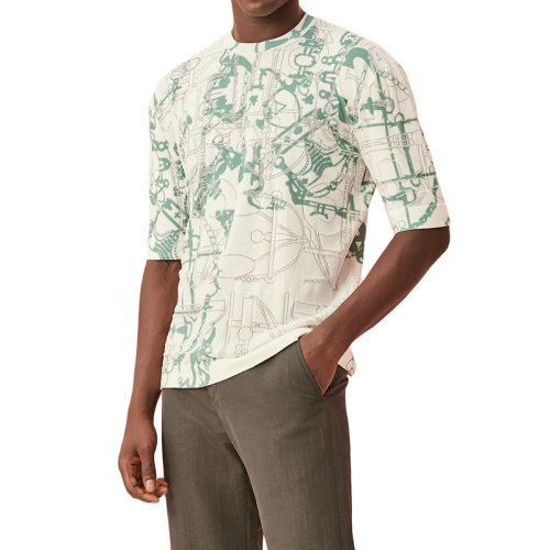 HERMES/愛馬仕 22年早春新款 男士拼色棉和滌綸混紡印花T恤H257440HA64LA