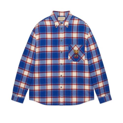  GUCCI古馳 22年秋冬 男士 Gucci小貓刺繡格紋羊毛襯衫 694142 ZAJTS 4370