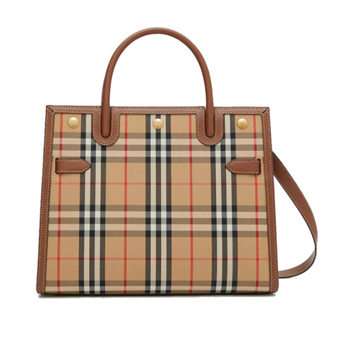 BURBERRY/博柏利 淺駝色 皮革小號Vintage格紋斜挎單肩手提包80252741