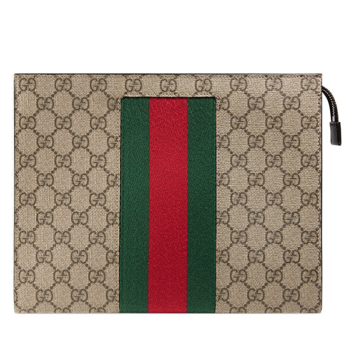 GUCCI/古馳 經(jīng)典款男士米色/烏木色GG Supreme帆布紅色綠色織帶手拿包475316KHN4N9791