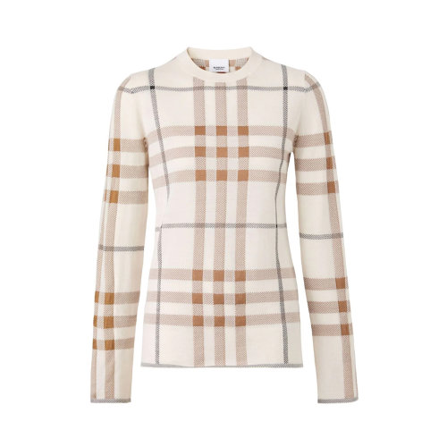 BURBERRY/博柏利 女士卡其色復(fù)古格紋羊毛混紡針織衫套頭衫 8052696
