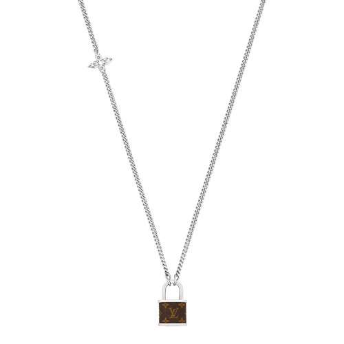 Louis Vuitton/路易威登 經(jīng)典款MONOGRAM LOCK系列 銀色金屬鏈條飾配老花帆布造型小鎖吊墜項(xiàng)鏈M00525