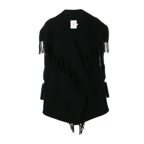 Moncler/蒙克萊 女士黑色羊毛混紡聚酰胺經(jīng)典袖標(biāo)流蘇飾面上衣外套披風(fēng)斗篷羽絨服 0081885-A0064-999