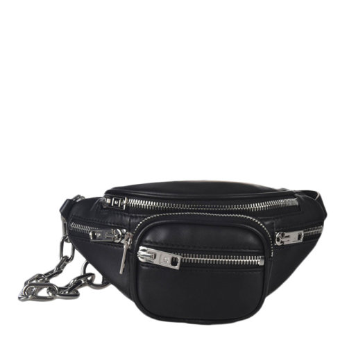 ALEXANDER WANG/亞歷山大·王 Attica系列女士黑色皮革銀色金屬機車鏈條裝飾拉鏈開合單肩包斜挎包胸包腰包女包 2030P0073L-001