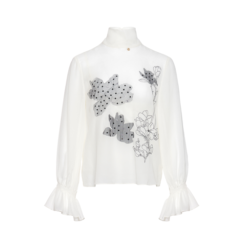 HUI/卉 女士長(zhǎng)袖襯衫20年秋季新品茶白色真絲兩件套上衣立體網(wǎng)紗繡花設(shè)計(jì)