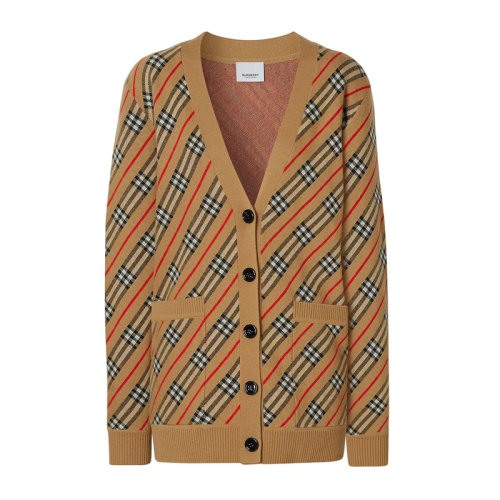 Burberry/博柏利 女裝 服飾 復(fù)古格紋羊毛開衫女士針織衫毛衣