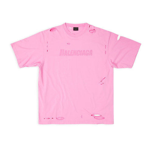 Balenciaga/巴黎世家 22年秋冬新款 女士粉色純棉飾有同色印花LOGO圖案撕裂效果設(shè)計圓領(lǐng)T恤651795TNVL15700
