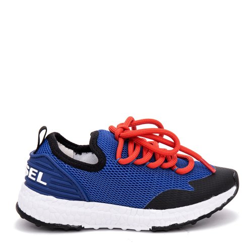 【米蘭倉速發(fā)】 DIESEL/迪賽 圓頭 橘紅色撞色 寶藍色網面 透氣 輕便 牛皮內里 幼兒 休閑 運動鞋男童