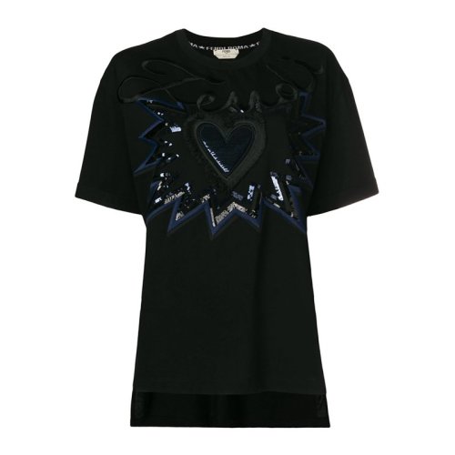 Fendi/芬迪  女裝 服飾 黑色棉質(zhì)愛(ài)心刺繡圖案圓領(lǐng)半袖女士短袖T恤