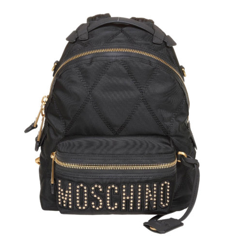 MOSCHINO/莫斯奇諾 女士黑色尼龍經(jīng)典字母徽標(biāo)裝飾拉鏈開(kāi)合雙肩包手提包旅行包背包女包 B7606-8205-5555