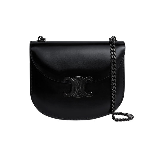 CELINE/賽琳 22新款 TRIOMPHE系列 女士黑色緞面小牛皮金屬三角扣鏈條斜挎單肩包110973EQJ.38NN