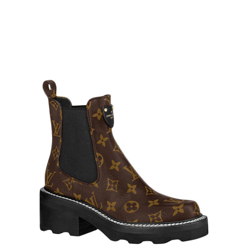 Louis Vuitton/路易威登 22年早春新款 LV BEAUBOURG系列 女士可可棕色皮革老花印花切爾西靴踝靴1A8QCO
