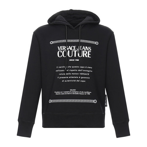 VERSACE JEANS/范思哲牛仔 男士黑色棉質(zhì)經(jīng)典字母徽標(biāo)印花裝飾長(zhǎng)袖上衣衛(wèi)衣連帽衫運(yùn)動(dòng)衫套頭衫 B7GVA7X6-30312-899