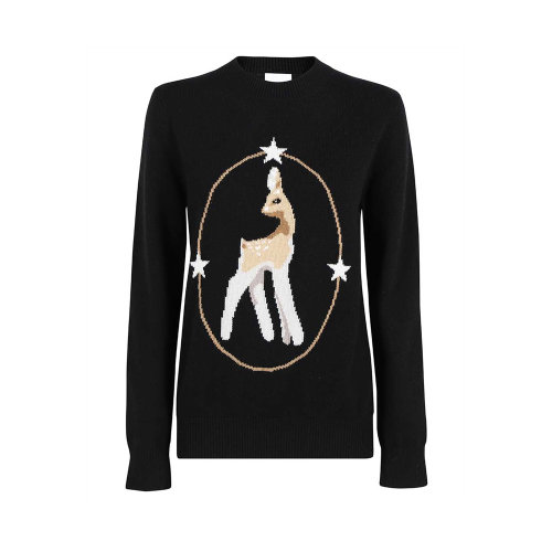 BURBERRY/博柏利 女士黑色羊毛混紡羊絨小鹿圖案印花裝飾圓領(lǐng)長袖毛衣針織衫 8024500