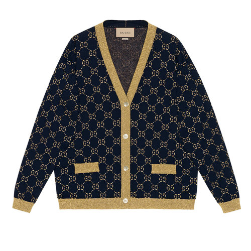 GUCCI/古馳新款女士深藍(lán)色GG棉質(zhì)金銀絲線開衫529193X9W834921