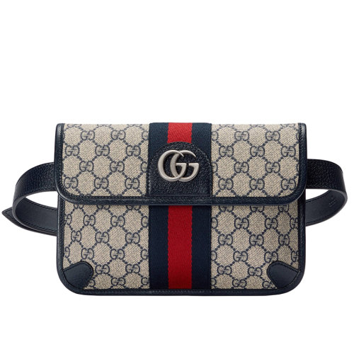 Gucci/古馳 22春夏新款Ophidia系列 男士米色/藍(lán)色提花帆布紅藍(lán)織帶銀色徽標(biāo)老花腰包 67408196IWN4076