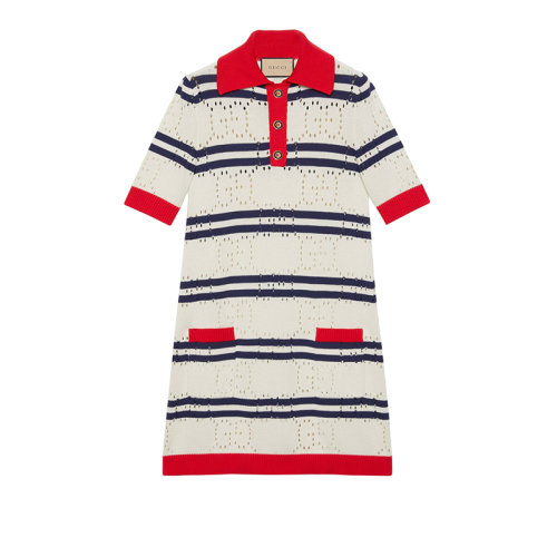 GUCCI/古馳 22年春夏新款 女士紅色/海軍藍(lán)色純棉條紋老花鏤空設(shè)計(jì)短袖Polo連衣裙693051XKCAG9189