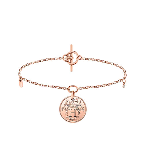 HERMES/愛馬仕 經(jīng)典Hermès Ex-Libris系列 小號鑲鉆18K金玫瑰金環(huán)形扣圓形掛墜手鏈H120441B
