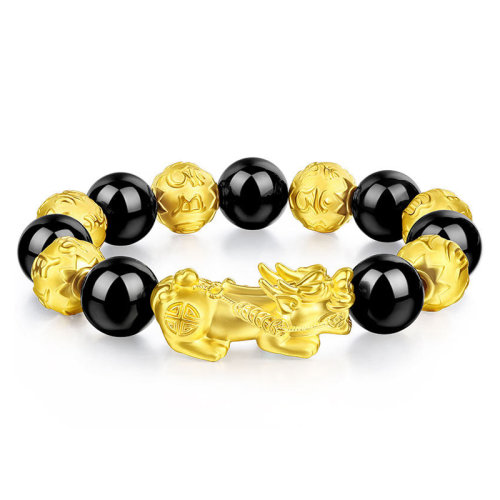 GJY/古金玥 六六大順 3D硬金999足金 六字箴言瑪瑙款男士黃金轉(zhuǎn)運珠手鏈 送備珠