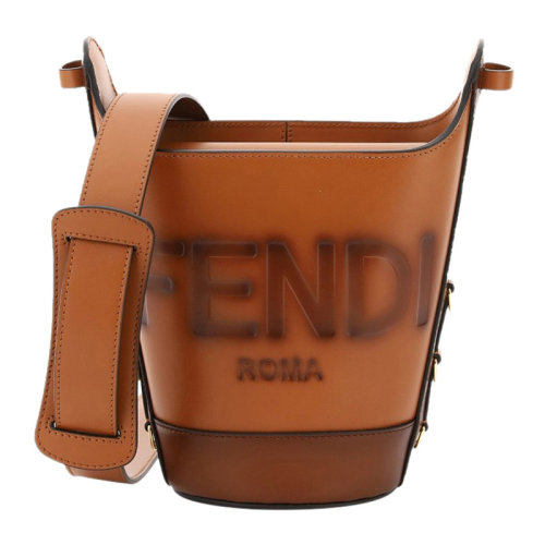 FENDI/芬迪女士棕色牛皮經(jīng)典字母徽標(biāo)印花裝飾單肩包斜挎包水桶包女包 8BT348-AC9L-F0QVK