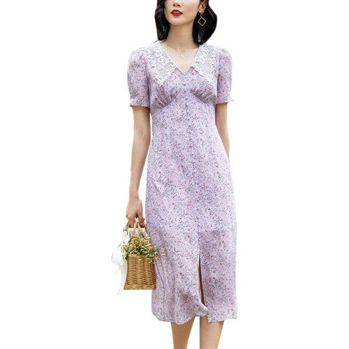 GeleiStory/GeleiStory  夏新款開(kāi)叉桔梗法式碎花真絲連衣裙  女裝＞女士裙裝＞女士連衣裙