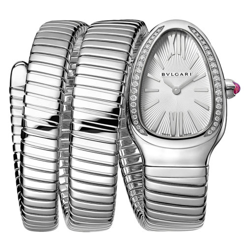 BVLGARI/寶格麗 不銹鋼雙螺旋表殼和表鏈 表圈鑲有明亮式切割鉆石和銀色不透明表盤  SERPENTI TUBOGAS石英手表 35毫米101910