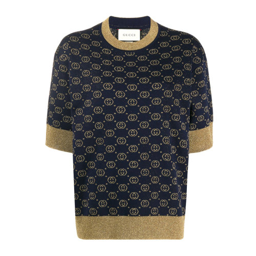 GUCCI 古馳 女裝 服裝 羊毛雙G印花互扣式GLAMé羊毛提花短袖圓領(lǐng)套頭衫 女士針織衫/毛衣