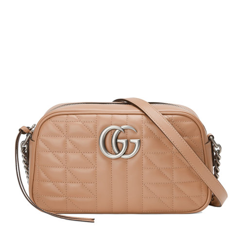 GUCCI/古馳  GG Marmont系列 女士小號玫瑰米色絎縫皮革復(fù)古銀飾雙G斜挎單肩包447632UM8BN2754