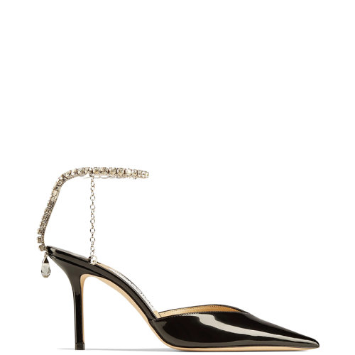 Jimmy Choo/周仰杰 22年秋冬新款 Saeda 85系列 女士黑色漆皮水晶裝飾高跟鞋SAEDA85BOB-NC
