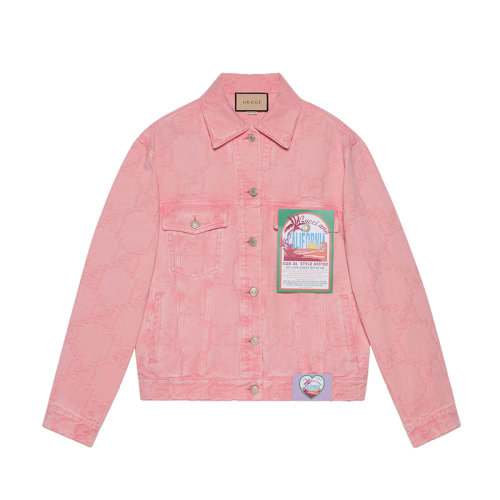 GUCCI/古馳 22秋冬新款 女士粉色純棉飾島嶼刺繡雙G牛仔夾克678791XDBZK5739