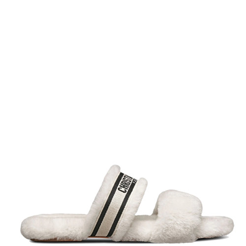 DIOR/迪奧 22年秋冬新款 CHEZ MOI系列 女士黑色棉質(zhì)刺繡和白色皮毛一體涼拖KDQ734ESK_S05W