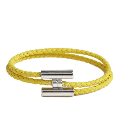 HERMES/愛馬仕 經(jīng)典款Tournis系列 青檸色小牛皮編織飾H銀扣手鏈H068406FP9R