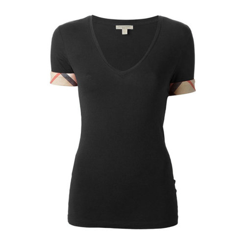 BURBERRY 博柏利 巴寶莉 女士 服裝  黑色V領格紋細節(jié)棉質(zhì)短袖T恤 女士短袖T恤