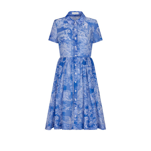 DIOR/迪奧 22年秋冬新款 女士湖藍(lán)色純棉薄紗面料Reverse茹伊印花圖案中長(zhǎng)款襯衫式連衣裙241R81A3846_X5882