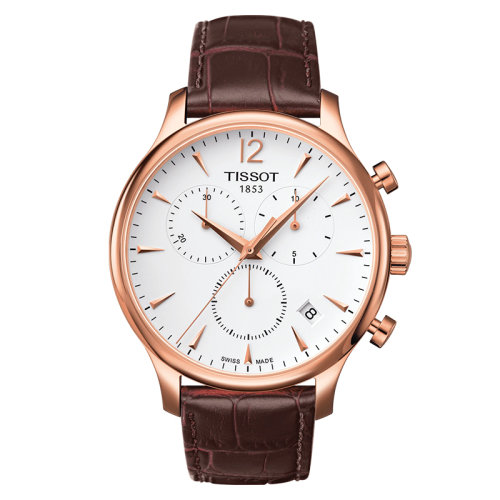 TISSOT/天梭 俊雅系列18K金玫瑰金PVD表殼棕色皮革表帶男士石英腕表 42毫米