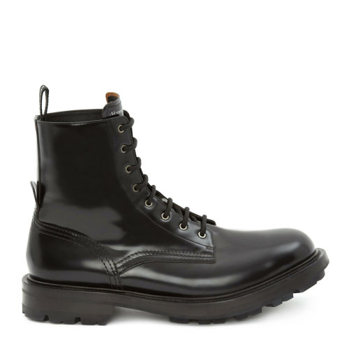 Alexander McQueen/亞歷山大麥昆 男士黑色小牛皮經(jīng)典字母徽標(biāo)印花裝飾系帶靴馬丁靴中筒靴短靴踝靴皮靴男靴 651621-WHZ80-1000